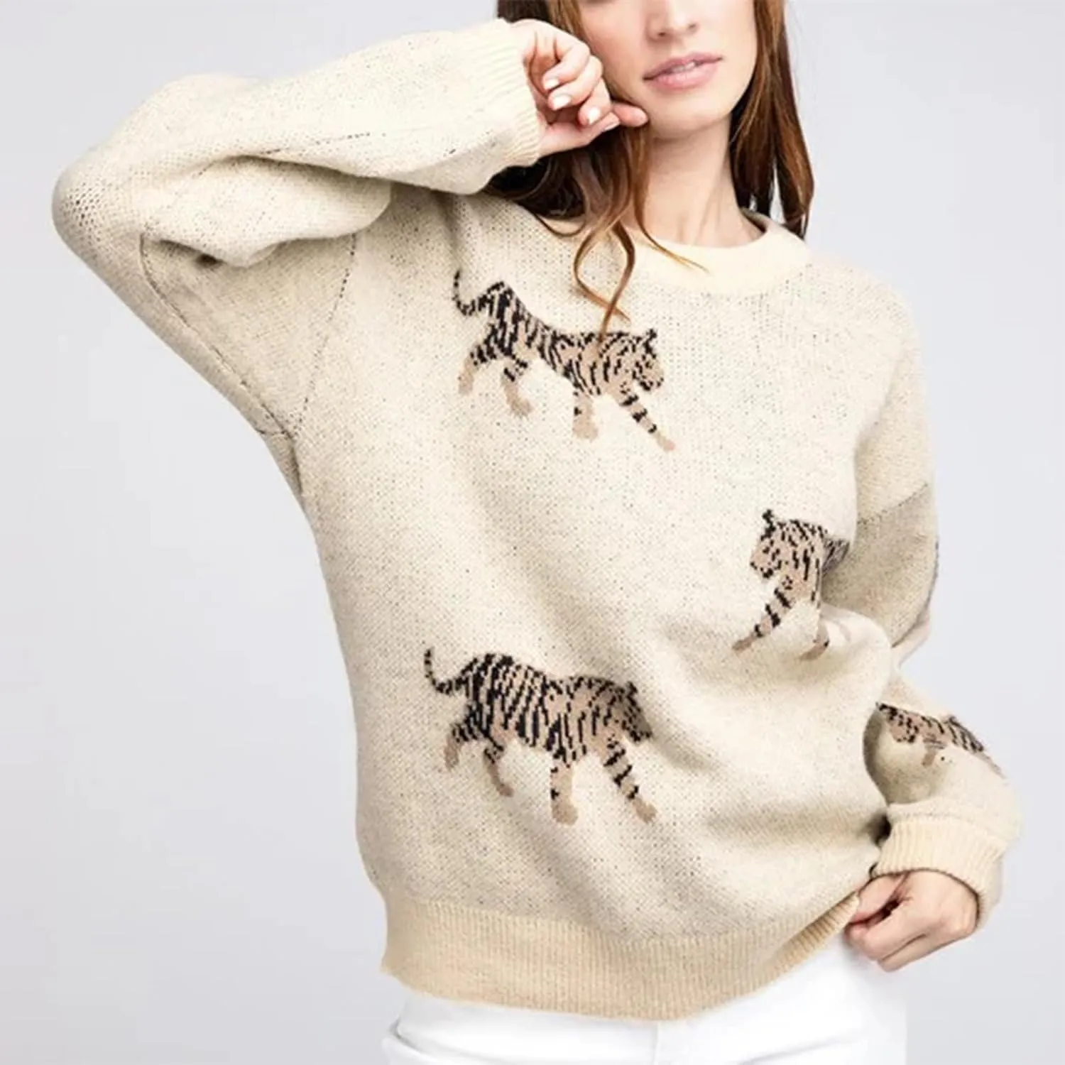 Women Oversized Knit Sweater Tiger Print Long Sleeve Pullover Tops Aesthetic Clothes Streetwear Knitwear