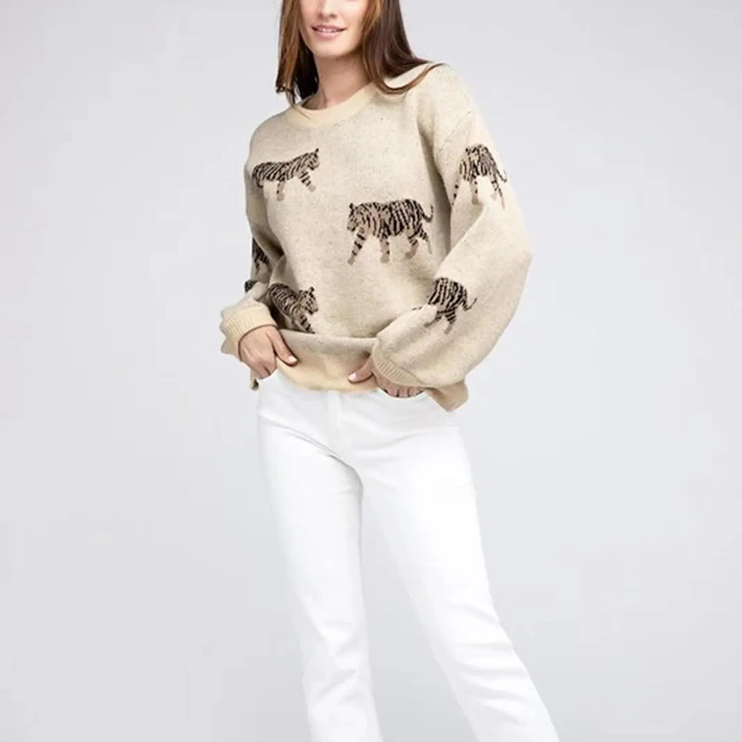 Women Oversized Knit Sweater Tiger Print Long Sleeve Pullover Tops Aesthetic Clothes Streetwear Knitwear