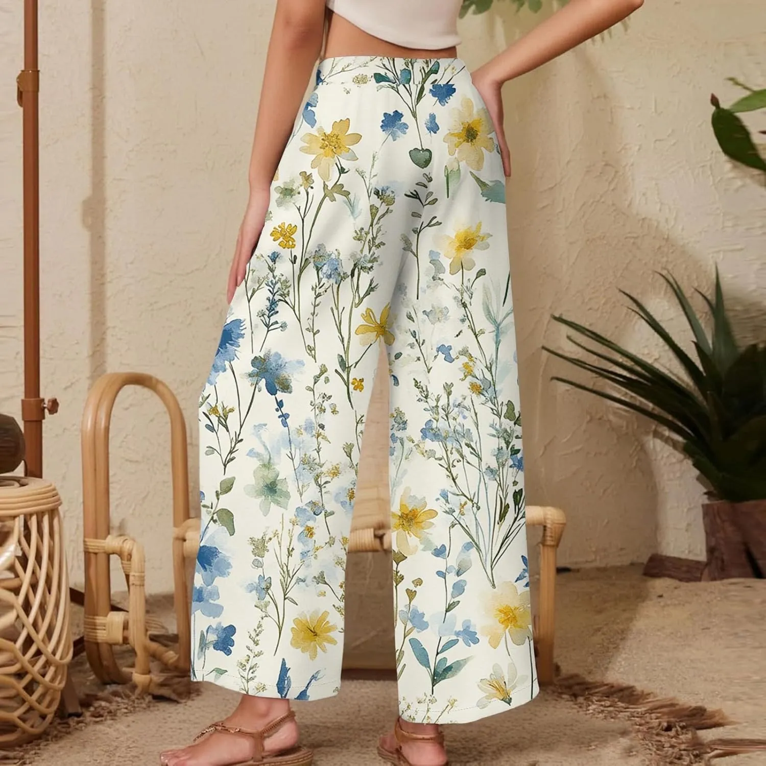 Women Palazzo Pants Summer Floral Print Soft Comfy Flowy High Waist Wide Leg Pants Casual Loose Beach Lounge Trouser