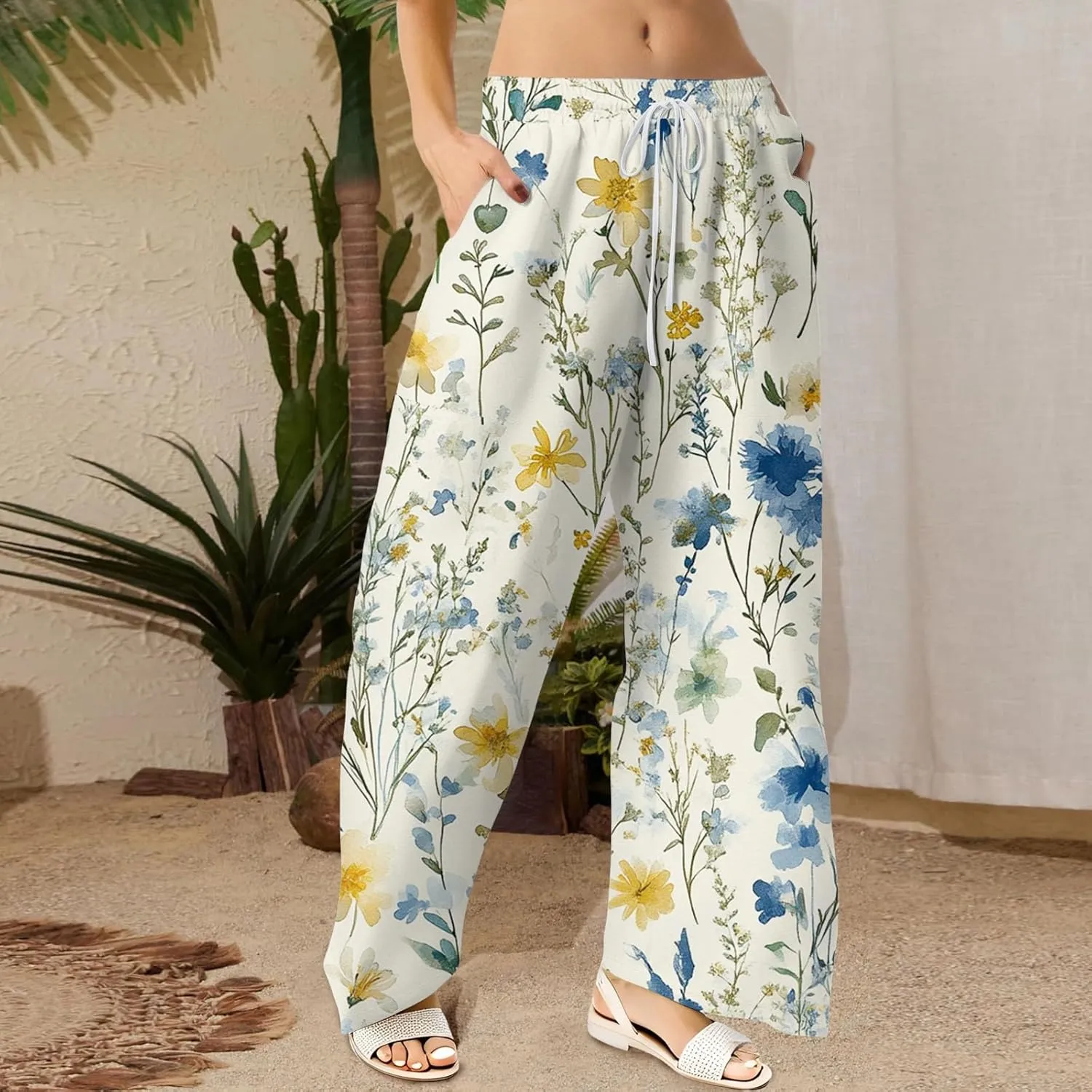 Women Palazzo Pants Summer Floral Print Soft Comfy Flowy High Waist Wide Leg Pants Casual Loose Beach Lounge Trouser