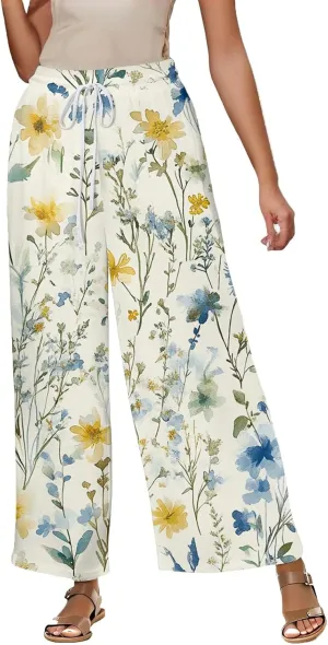 Women Palazzo Pants Summer Floral Print Soft Comfy Flowy High Waist Wide Leg Pants Casual Loose Beach Lounge Trouser