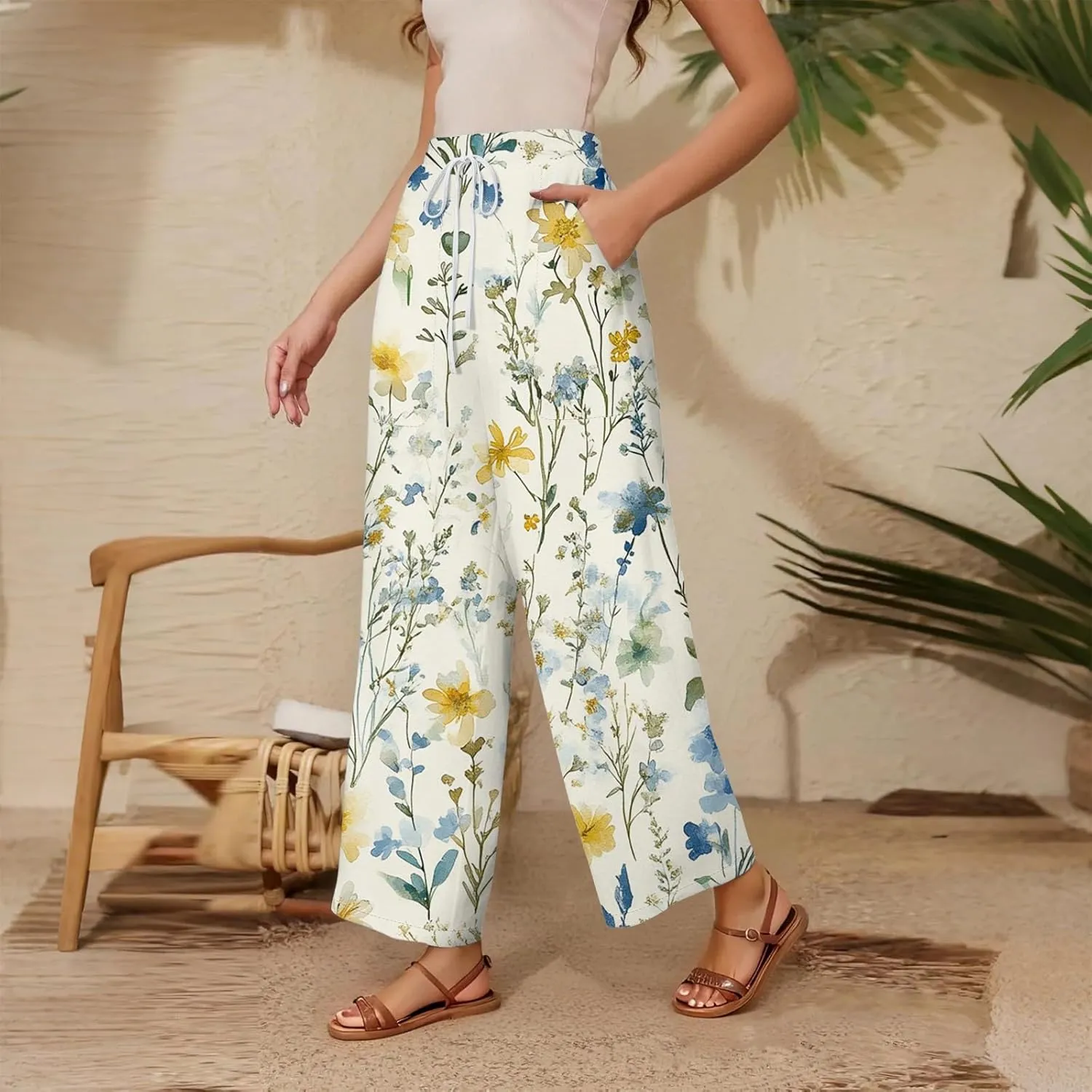 Women Palazzo Pants Summer Floral Print Soft Comfy Flowy High Waist Wide Leg Pants Casual Loose Beach Lounge Trouser