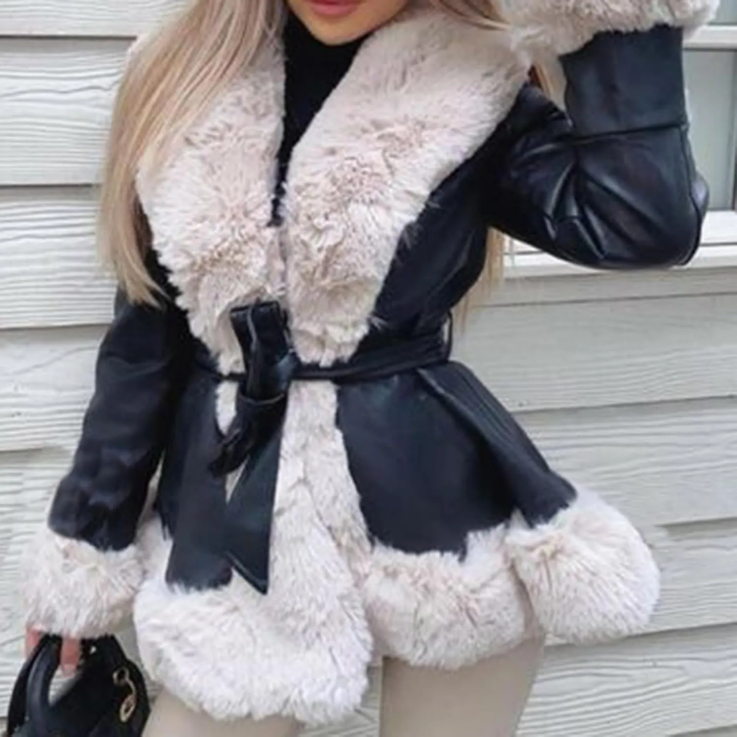 Women 's Faux Leather Parka Jacket Long Sleeve Faux Fur Collar Open Front Thicken Slim Warm Winter Coat With Belt