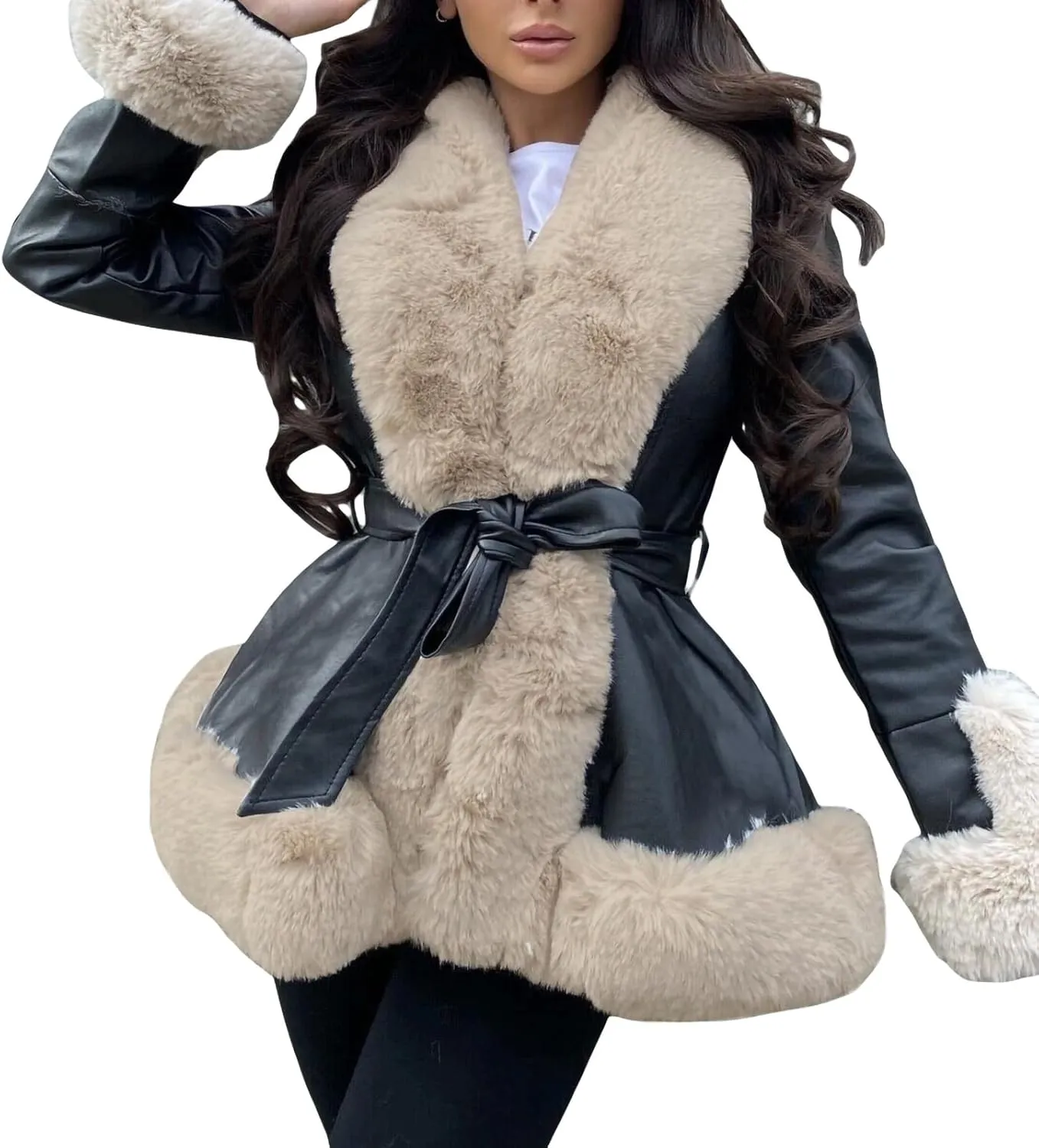 Women 's Faux Leather Parka Jacket Long Sleeve Faux Fur Collar Open Front Thicken Slim Warm Winter Coat With Belt