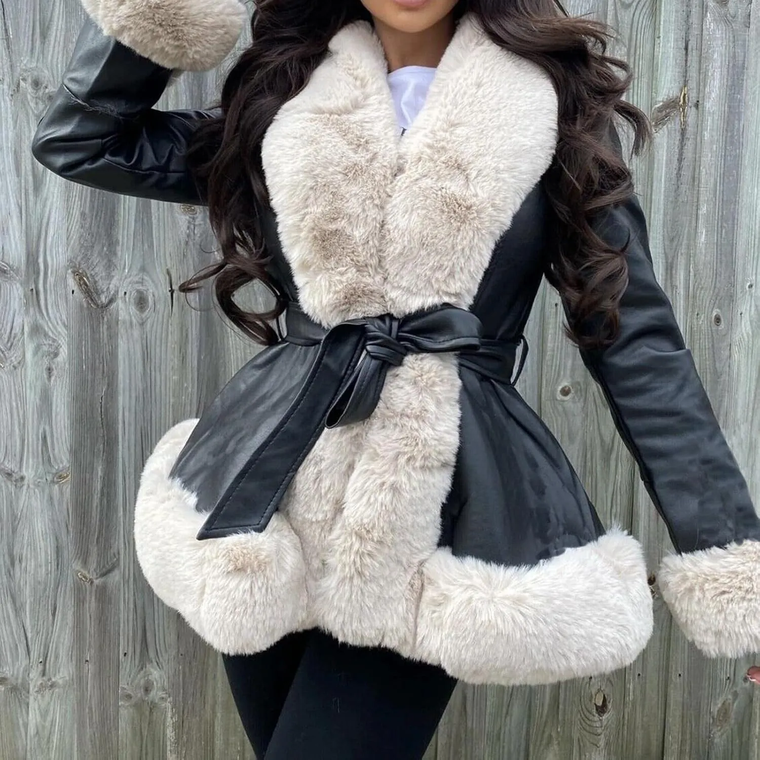 Women 's Faux Leather Parka Jacket Long Sleeve Faux Fur Collar Open Front Thicken Slim Warm Winter Coat With Belt