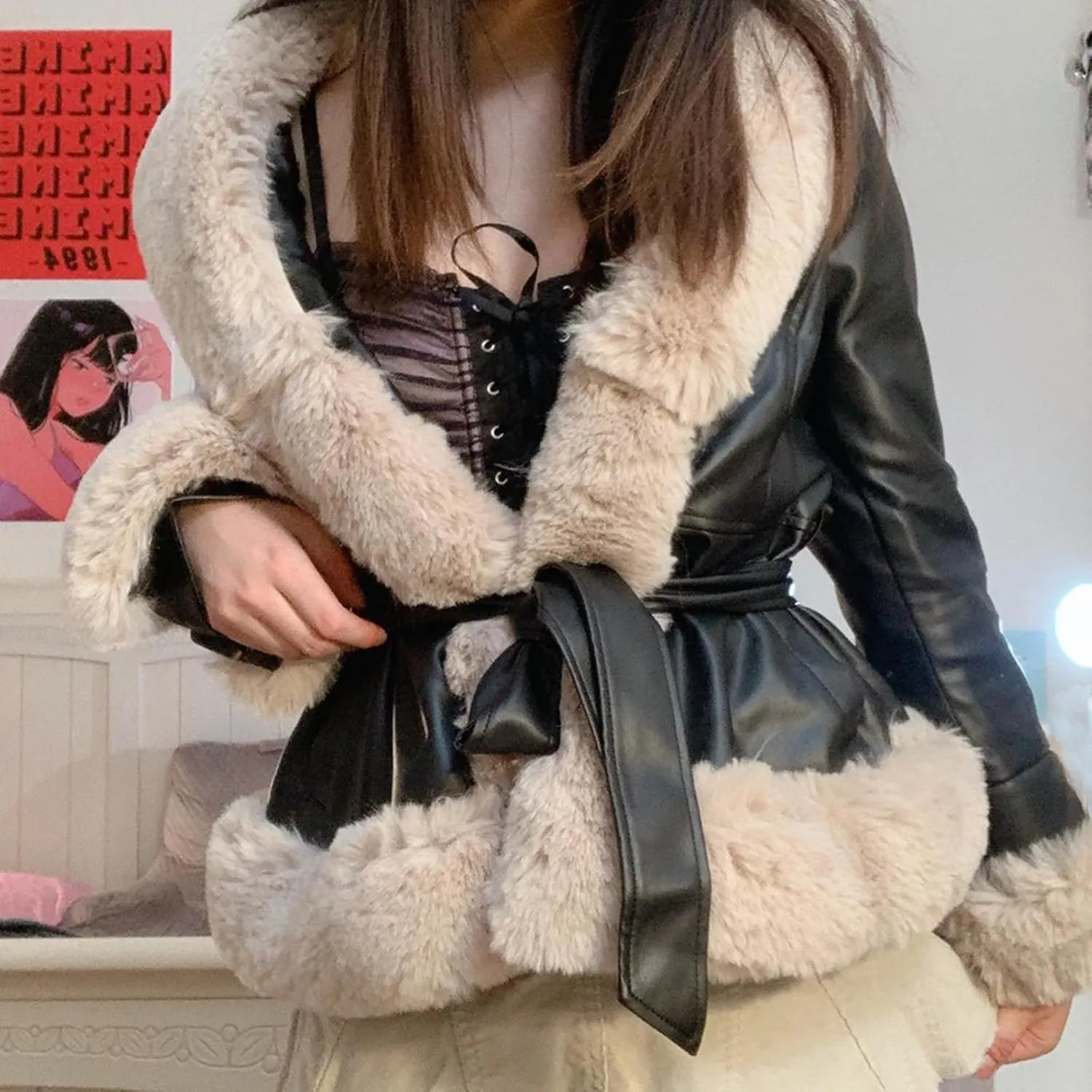Women 's Faux Leather Parka Jacket Long Sleeve Faux Fur Collar Open Front Thicken Slim Warm Winter Coat With Belt