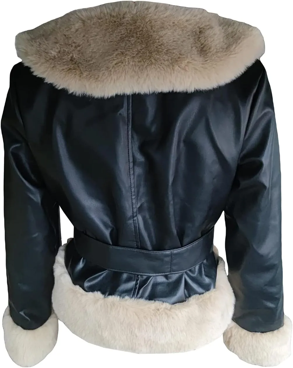 Women 's Faux Leather Parka Jacket Long Sleeve Faux Fur Collar Open Front Thicken Slim Warm Winter Coat With Belt