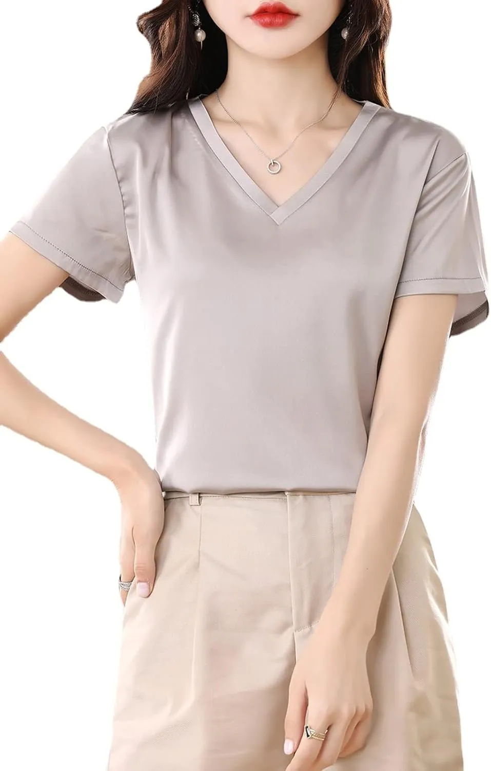 Women Silk Short Sleeve T-Shirt Exquisite V-Neck Satin Top