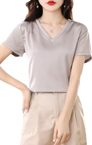 Women Silk Short Sleeve T-Shirt Exquisite V-Neck Satin Top