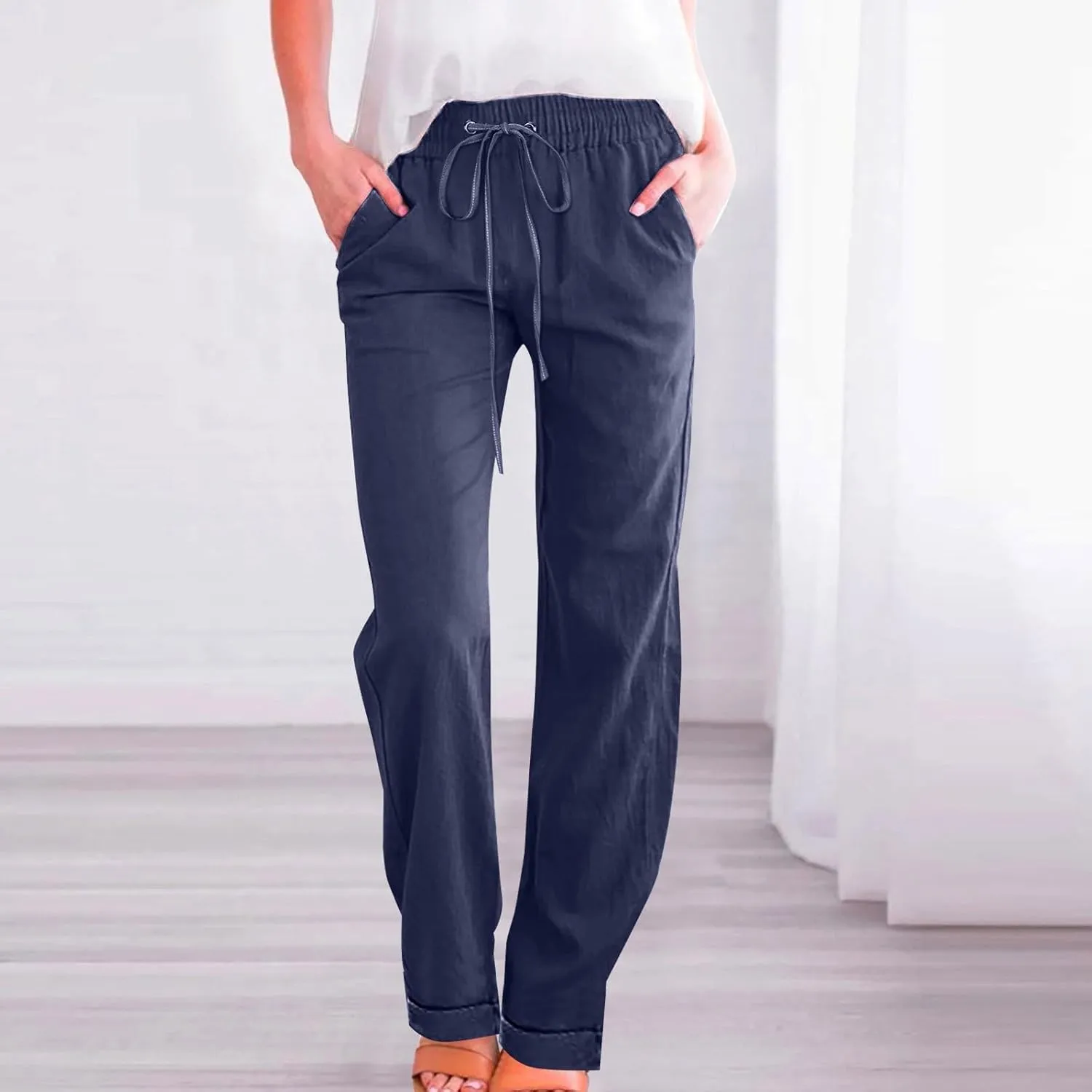 Women Solid Straight Solid Elastic Pants Long Drawstring Linen Women Waist Cotton Casual Wide Leg Womens Pants Plus Size