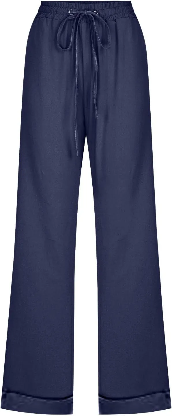 Women Solid Straight Solid Elastic Pants Long Drawstring Linen Women Waist Cotton Casual Wide Leg Womens Pants Plus Size