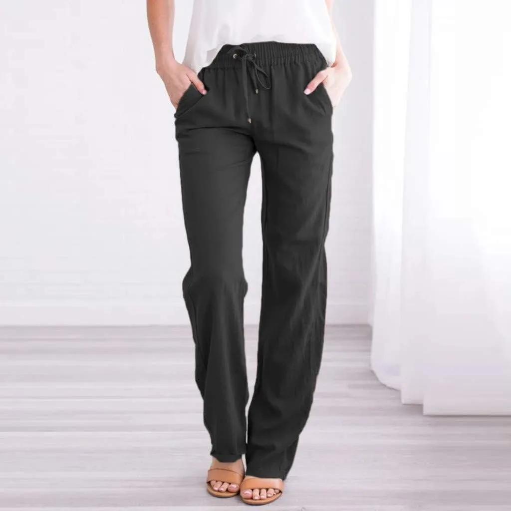 Women Solid Straight Solid Elastic Pants Long Drawstring Linen Women Waist Cotton Casual Wide Leg Womens Pants Plus Size