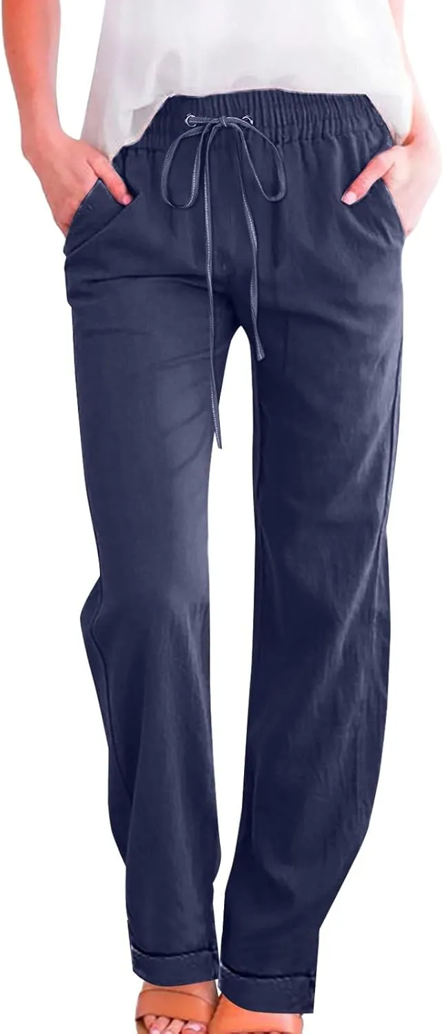 Women Solid Straight Solid Elastic Pants Long Drawstring Linen Women Waist Cotton Casual Wide Leg Womens Pants Plus Size