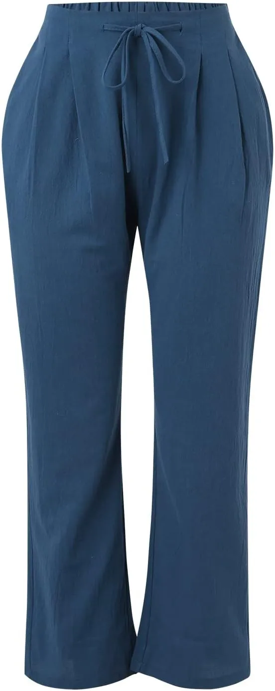 Women Solid Straight Solid Elastic Pants Long Drawstring Linen Women Waist Cotton Casual Womens Plus Size Workout Pants