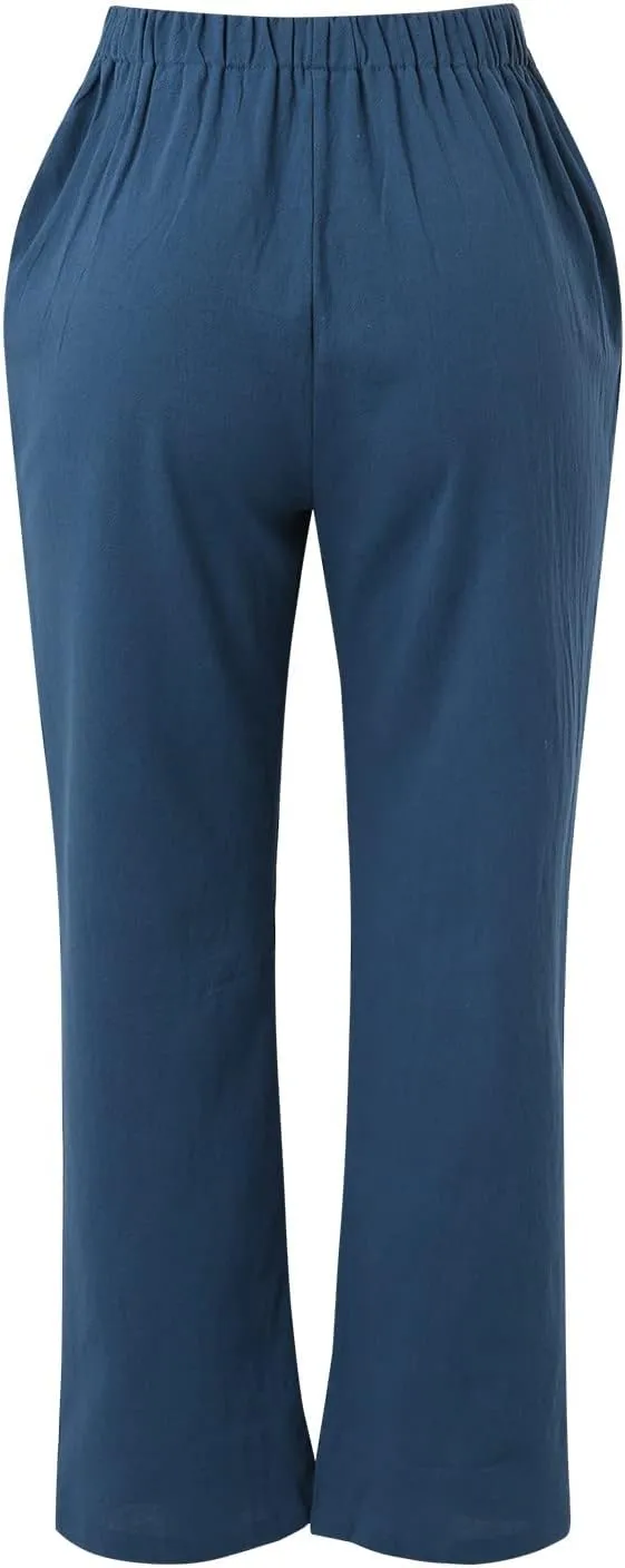 Women Solid Straight Solid Elastic Pants Long Drawstring Linen Women Waist Cotton Casual Womens Plus Size Workout Pants