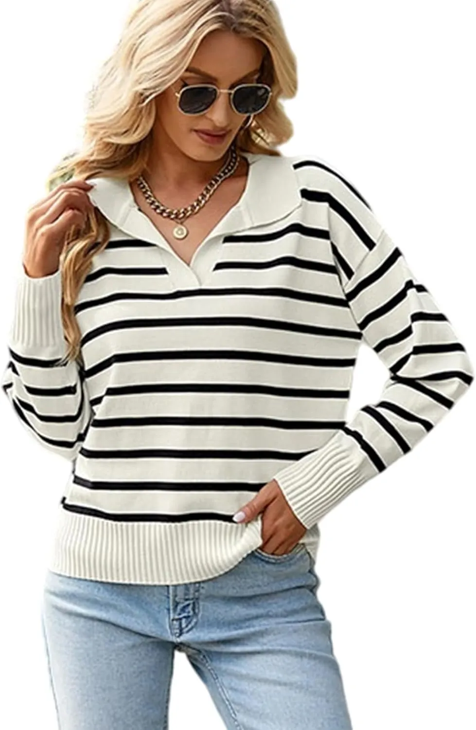 Women Striped Sweater Polo V Neck Long Sleeve Loose Sweater Knit Pullover Jumper Tops
