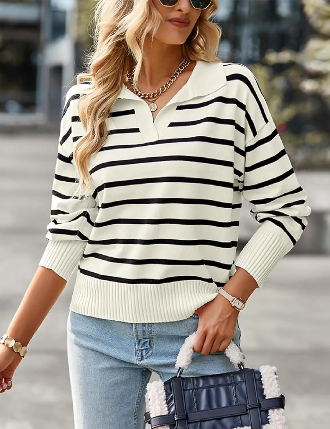 Women Striped Sweater Polo V Neck Long Sleeve Loose Sweater Knit Pullover Jumper Tops