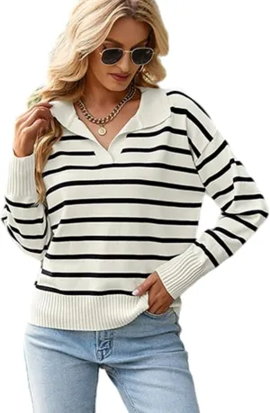 Women Striped Sweater Polo V Neck Long Sleeve Loose Sweater Knit Pullover Jumper Tops