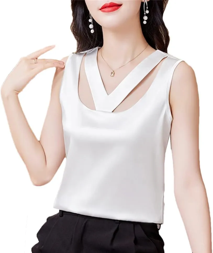 Women Summer Camisole Hollow Out Tank Top Sleeveless Satin Vest