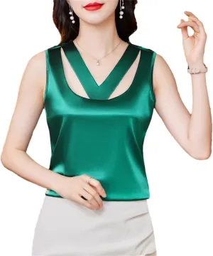 Women Summer Camisole Hollow Out Tank Top Sleeveless Satin Vest