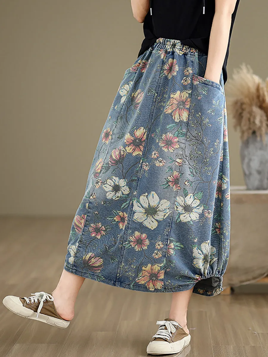 Women Summer Casual Flower Spliced Denim Skirt XX1027