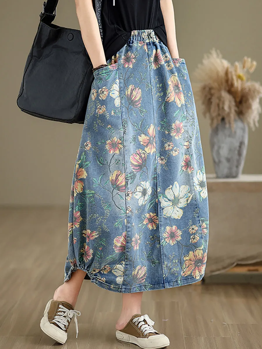Women Summer Casual Flower Spliced Denim Skirt XX1027