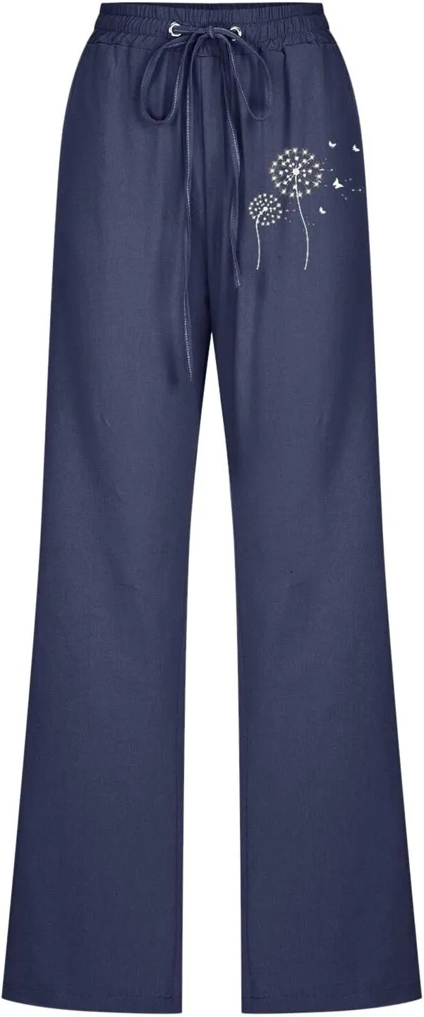 Women Summer Suitable Loose Drawstring Elastic High Waist Comfy Trousers Straight Leg Long Cropped Pants Women Casual