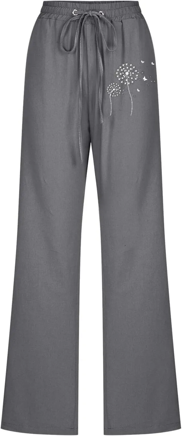 Women Summer Suitable Loose Drawstring Elastic High Waist Comfy Trousers Straight Leg Long Cropped Pants Women Casual