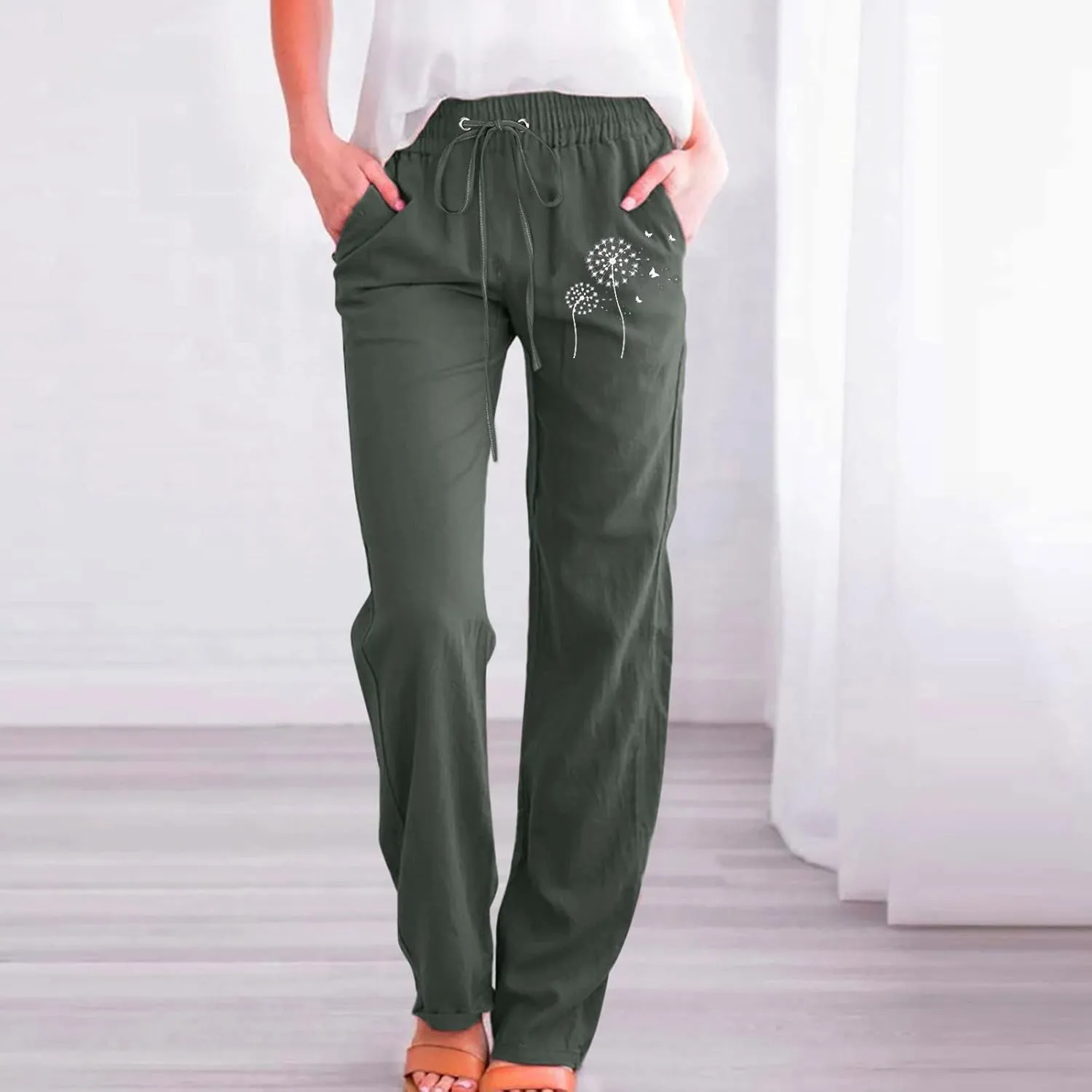 Women Summer Suitable Loose Drawstring Elastic High Waist Comfy Trousers Straight Leg Long Cropped Pants Women Casual