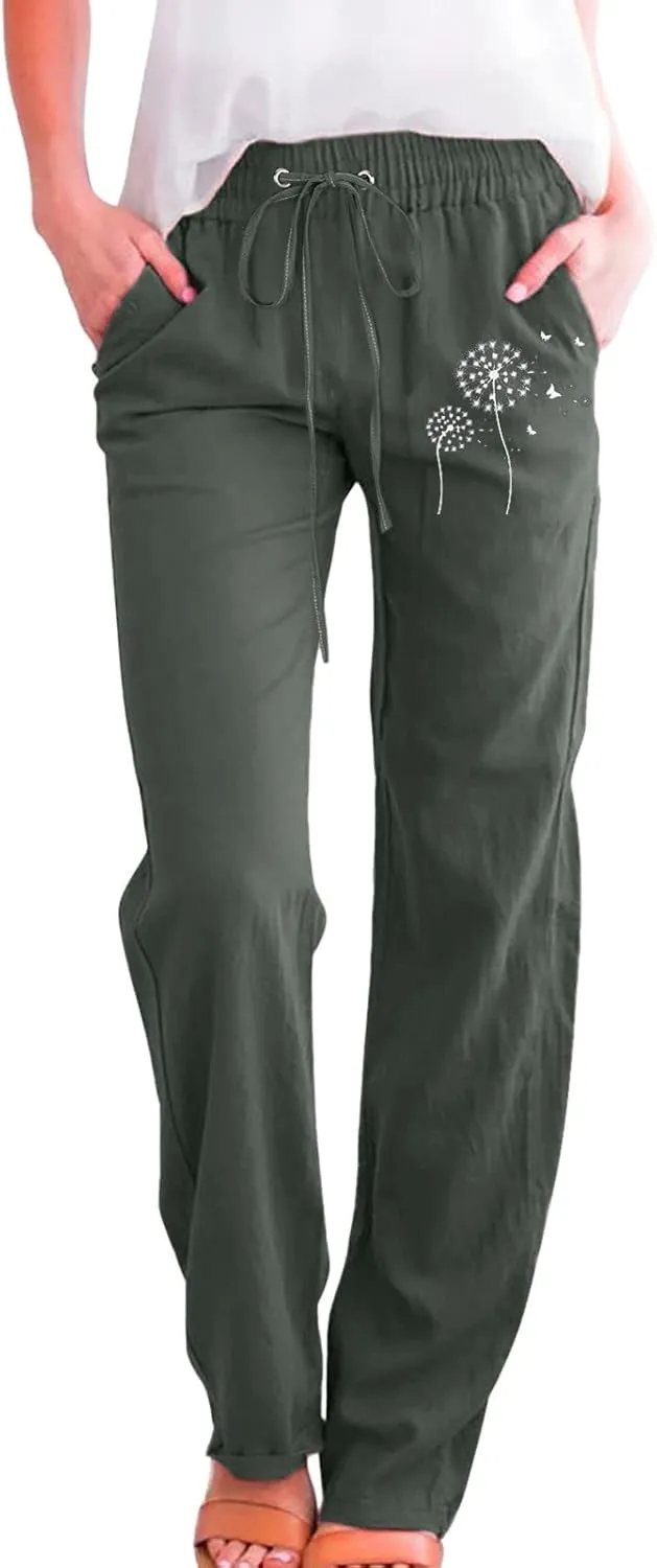 Women Summer Suitable Loose Drawstring Elastic High Waist Comfy Trousers Straight Leg Long Cropped Pants Women Casual