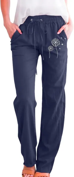 Women Summer Suitable Loose Drawstring Elastic High Waist Comfy Trousers Straight Leg Long Cropped Pants Women Casual