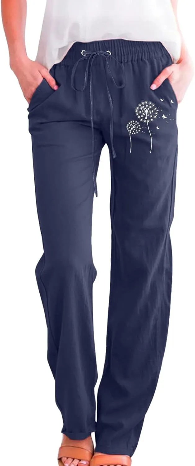 Women Summer Suitable Loose Drawstring Elastic High Waist Comfy Trousers Straight Leg Long Cropped Pants Women Casual