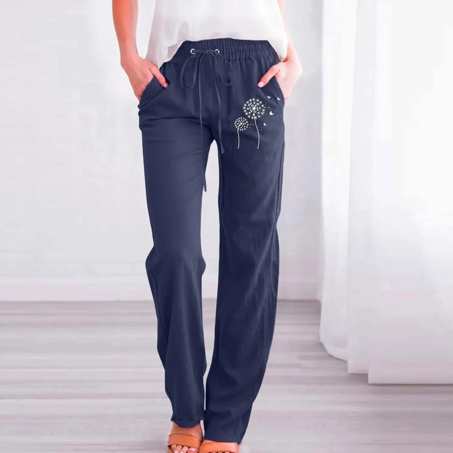 Women Summer Suitable Loose Drawstring Elastic High Waist Comfy Trousers Straight Leg Long Cropped Pants Women Casual
