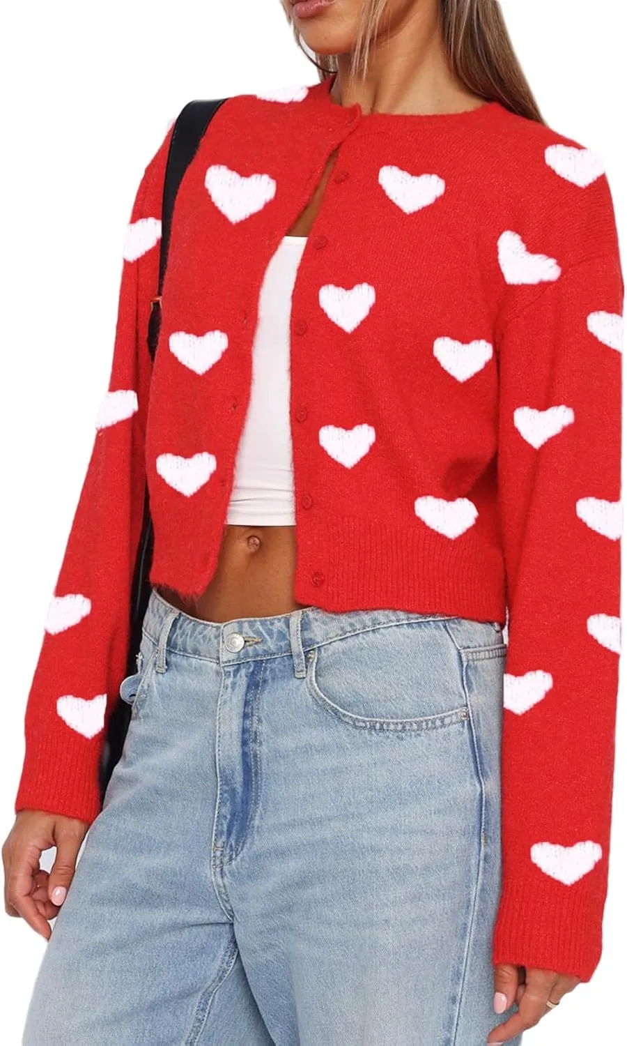 Women Valentines Crop Sweater Cardigan Love Long Sleeve Heart Printed Y2k Button Down Knitted Shirt Top