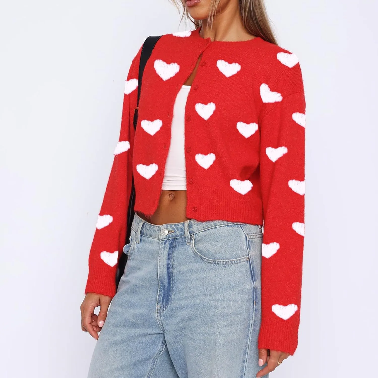 Women Valentines Crop Sweater Cardigan Love Long Sleeve Heart Printed Y2k Button Down Knitted Shirt Top