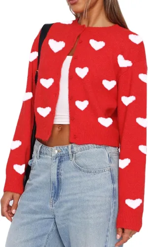 Women Valentines Crop Sweater Cardigan Love Long Sleeve Heart Printed Y2k Button Down Knitted Shirt Top