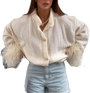 Women Velvet Fur Trim Button Up Shirts Long Sleeve Feather Patchwork Open Front Tops Trendy Holiday Jacket Outwear