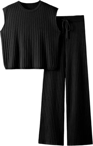 Womens 2 Piece Knit Lounge Set Sleeveless Ribbed Pullover Top and Wide Leg Pants Outfit