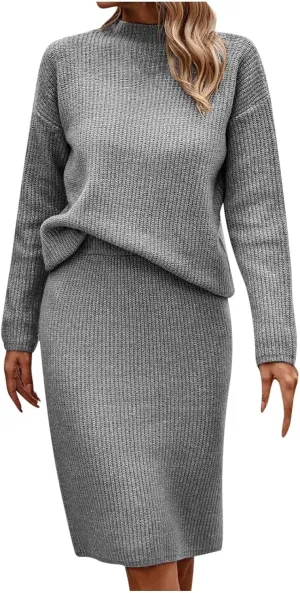 Womens 2023 Fall Two Piece Outfits Ribbed Knit Long Sleeve Pullover Sweater and Midi Skirt Sets Solid Color Loungewear