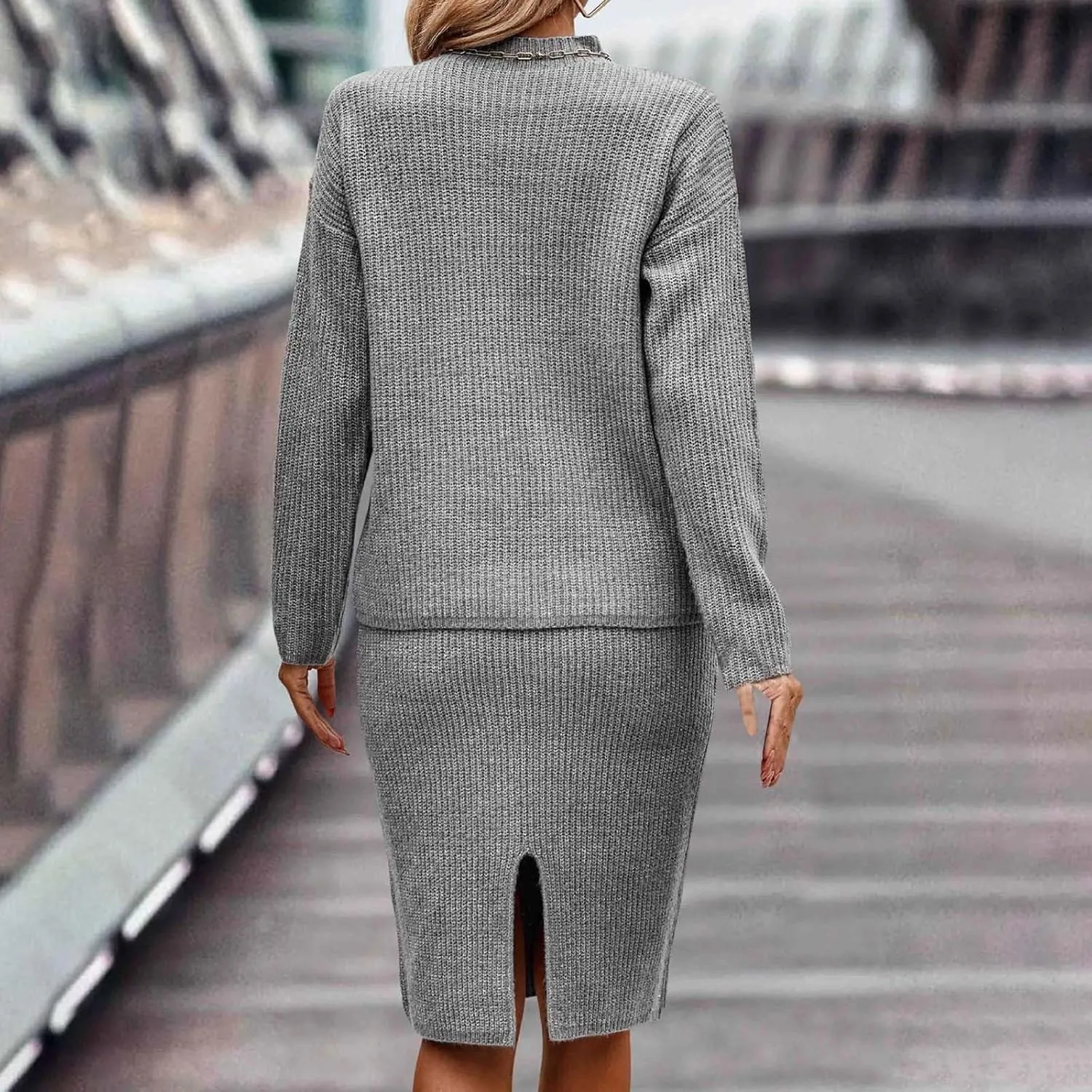 Womens 2023 Fall Two Piece Outfits Ribbed Knit Long Sleeve Pullover Sweater and Midi Skirt Sets Solid Color Loungewear