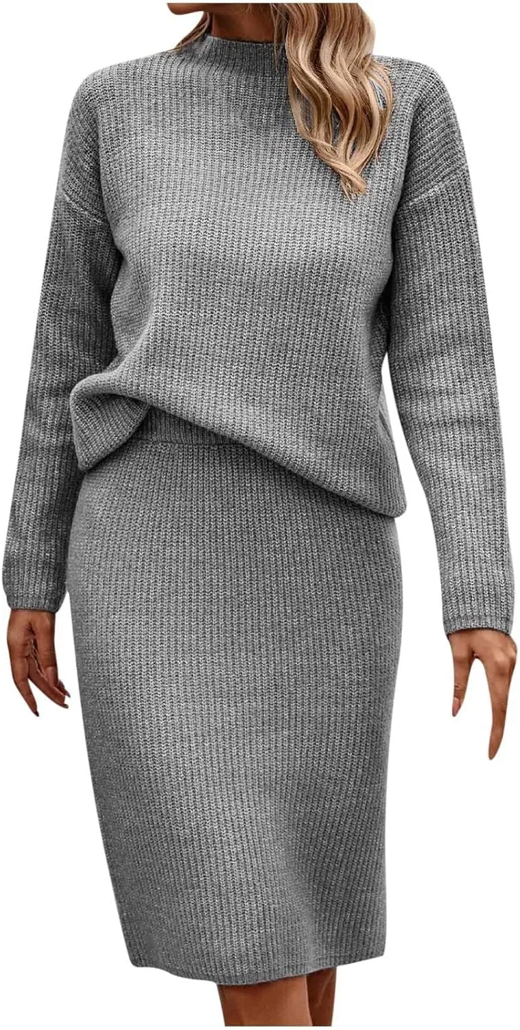 Womens 2023 Fall Two Piece Outfits Ribbed Knit Long Sleeve Pullover Sweater and Midi Skirt Sets Solid Color Loungewear