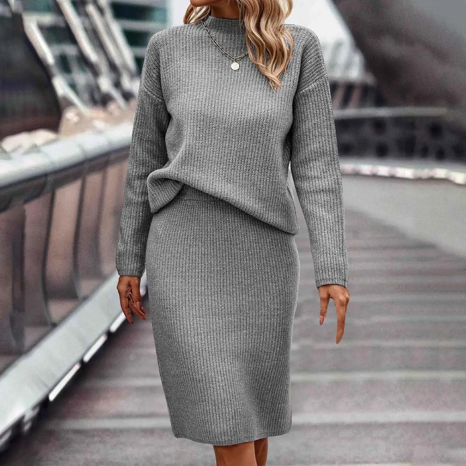 Womens 2023 Fall Two Piece Outfits Ribbed Knit Long Sleeve Pullover Sweater and Midi Skirt Sets Solid Color Loungewear