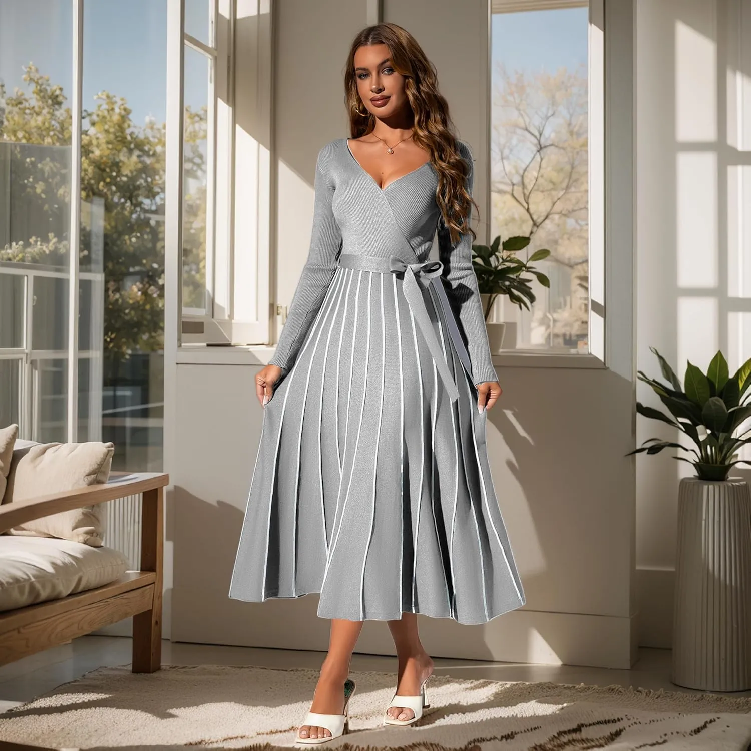 Womens 2025 Spring Autumn V Neck Wrap Dress Long Sleeve Tie Waist Ribbed Knit High Waist A Line Casual Midi Dress