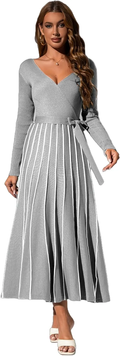 Womens 2025 Spring Autumn V Neck Wrap Dress Long Sleeve Tie Waist Ribbed Knit High Waist A Line Casual Midi Dress