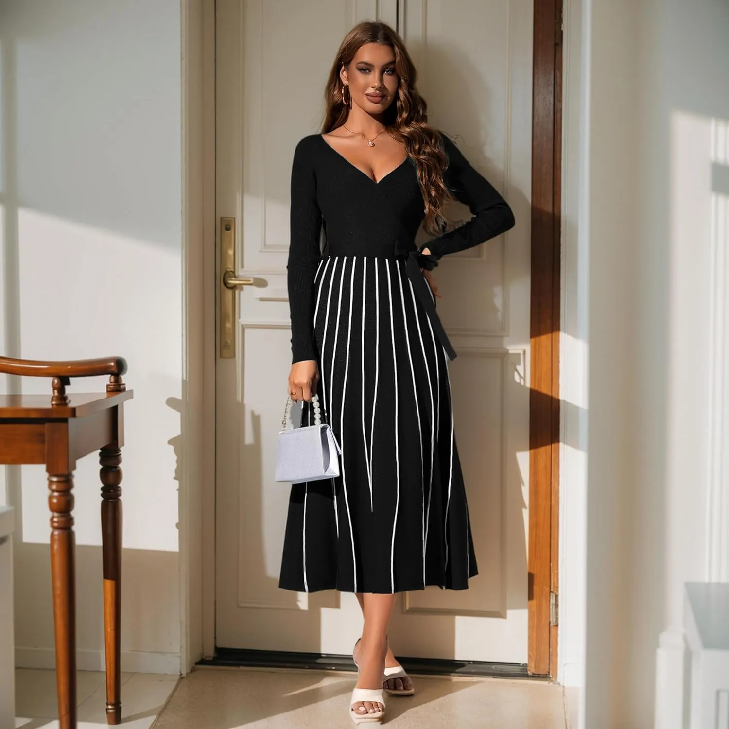 Womens 2025 Spring Autumn V Neck Wrap Dress Long Sleeve Tie Waist Ribbed Knit High Waist A Line Casual Midi Dress