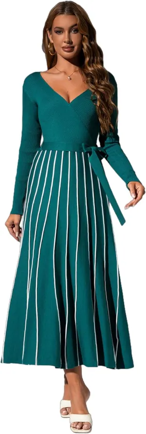 Womens 2025 Spring Autumn V Neck Wrap Dress Long Sleeve Tie Waist Ribbed Knit High Waist A Line Casual Midi Dress