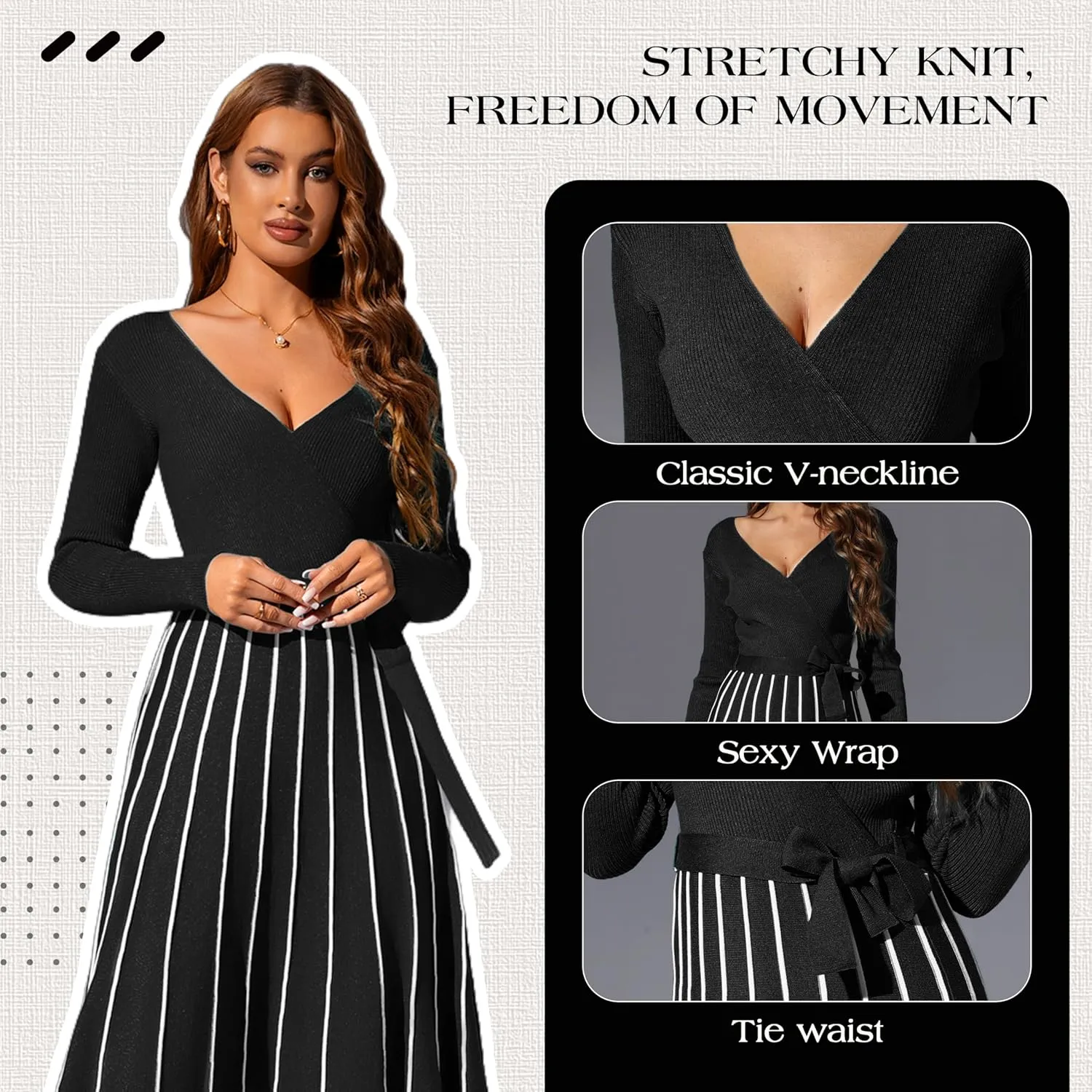 Womens 2025 Spring Autumn V Neck Wrap Dress Long Sleeve Tie Waist Ribbed Knit High Waist A Line Casual Midi Dress