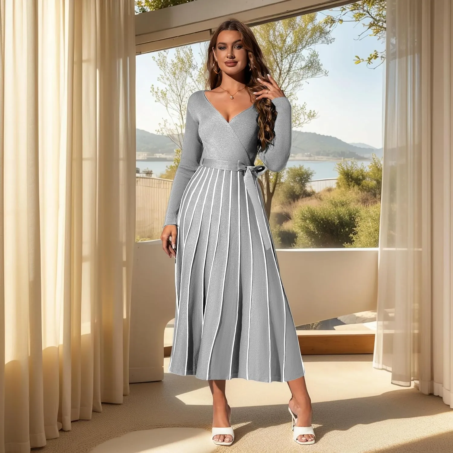 Womens 2025 Spring Autumn V Neck Wrap Dress Long Sleeve Tie Waist Ribbed Knit High Waist A Line Casual Midi Dress