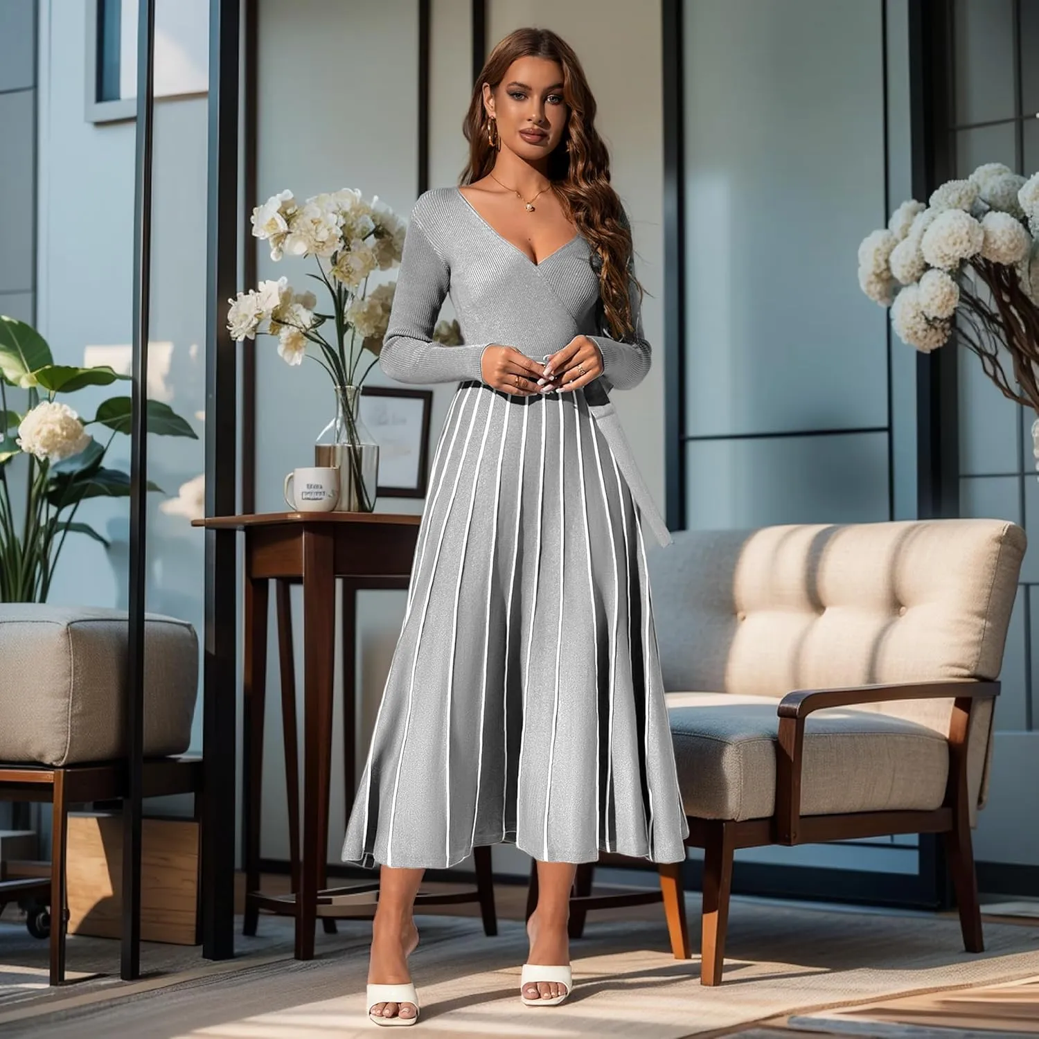 Womens 2025 Spring Autumn V Neck Wrap Dress Long Sleeve Tie Waist Ribbed Knit High Waist A Line Casual Midi Dress