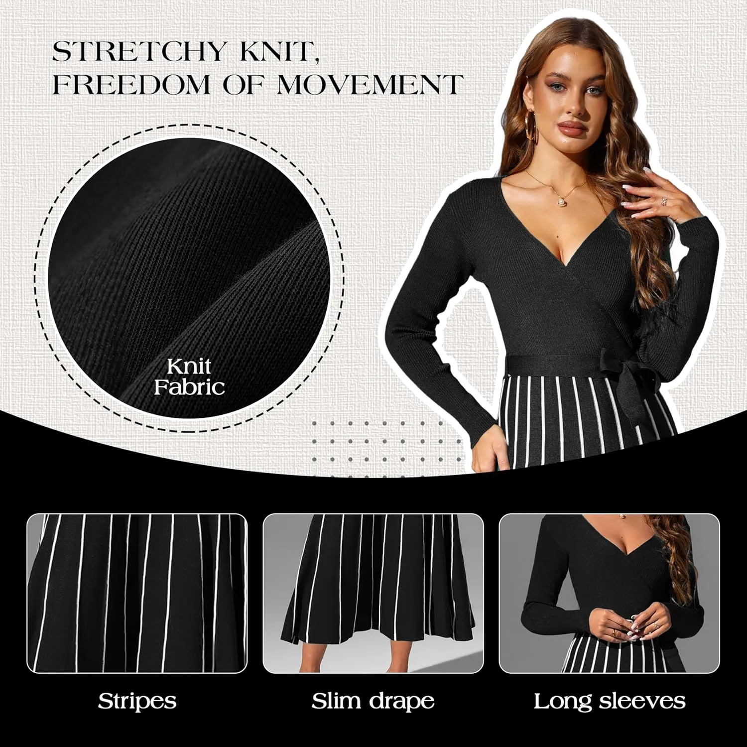 Womens 2025 Spring Autumn V Neck Wrap Dress Long Sleeve Tie Waist Ribbed Knit High Waist A Line Casual Midi Dress